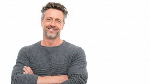A man with a gray sweater standing with his arms crossed photo