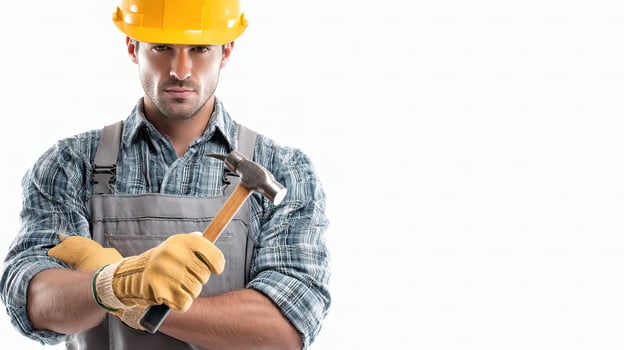A man in a hard hat and overalls holding a hammer photo
