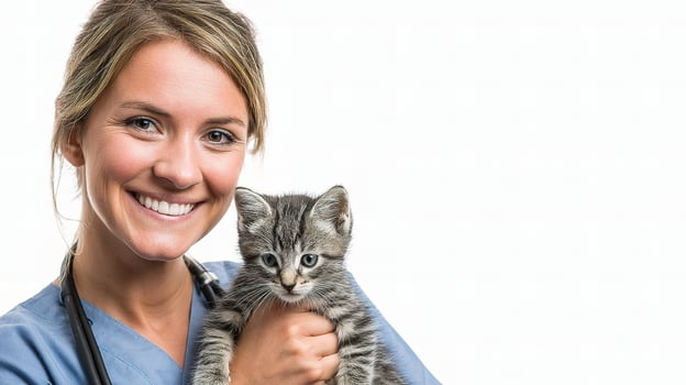 A woman in a blue scrub suit holding a kitten photo