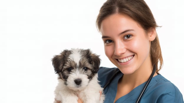 A woman in a blue shirt holding a small dog photo