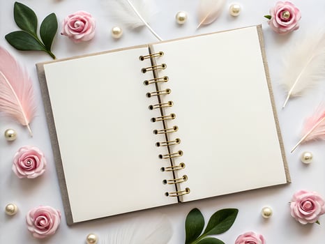 Elegant Blank Journal with Soft Pink Roses and Feathers photo