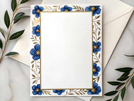 Elegant Blue Floral Border Stationery with Gold Accents photo