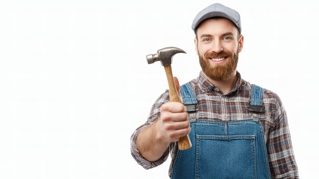 A man with a beard and overalls holding a hammer photo