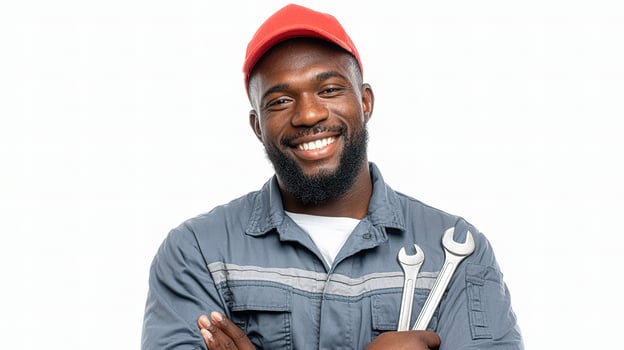 A smiling black man holding a wrench photo