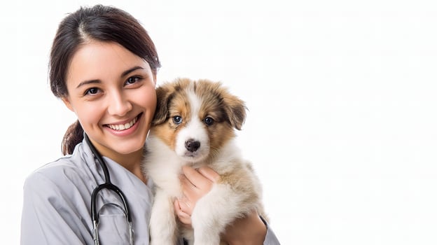 A woman in a lab coat holding a puppy photo