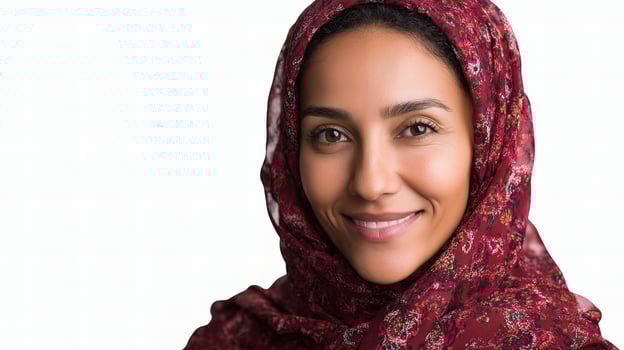 A woman wearing a headscarf smiles for the camera photo