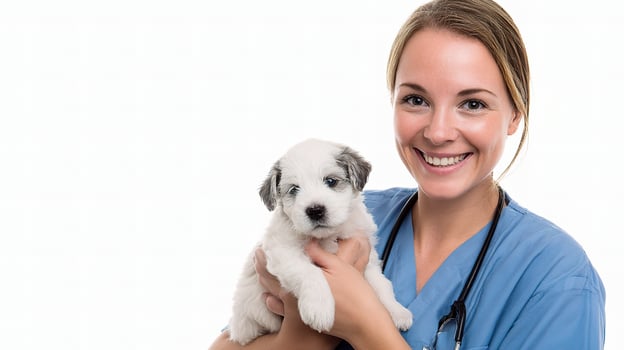 A woman in a blue scrub suit holding a puppy photo