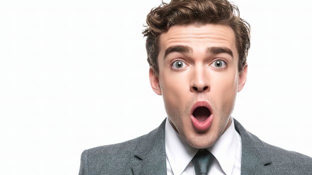 A man in a suit and tie is making a surprised face photo