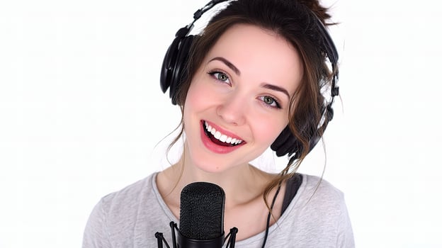 A woman is smiling while holding a microphone photo