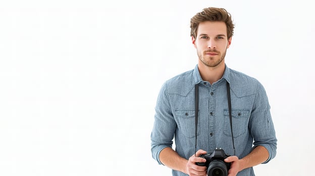 A man holding a camera and posing for the camera photo