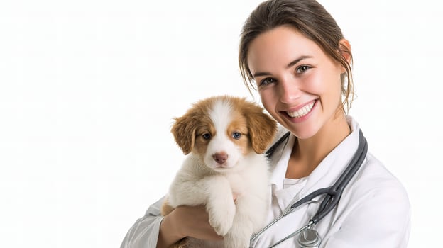 A woman in a white lab coat holding a puppy photo