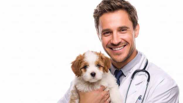 A man in a white coat holding a small dog photo