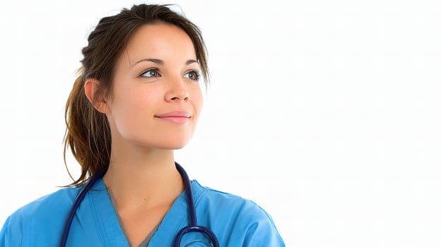 A woman in a blue scrub suit is looking up photo