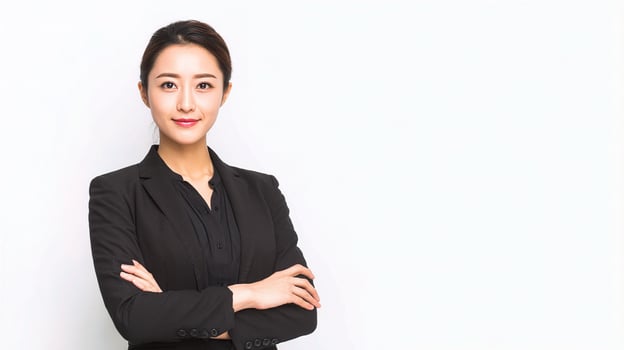 Asian business woman with arms crossed against white background photo