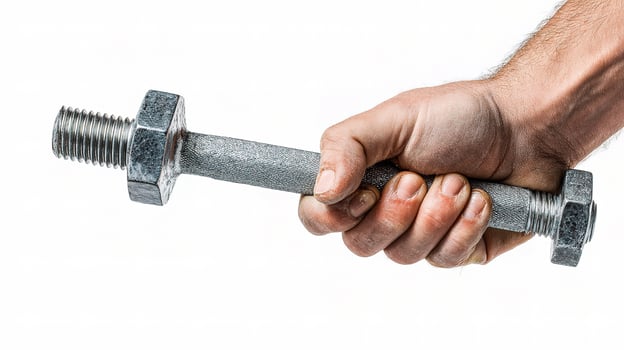 A man's hand holding a metal barbell photo