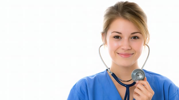 A woman in a blue scrub suit holding a stethoscope photo