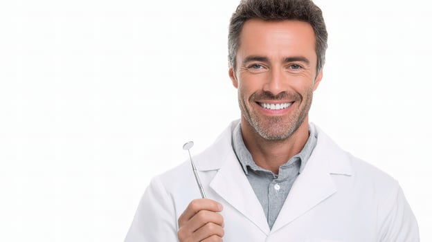 A smiling man in a lab coat holding a toothbrush photo