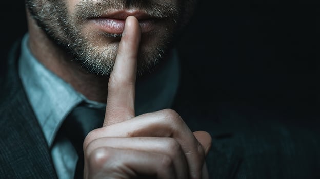 A man in a suit is holding his finger to his lips photo