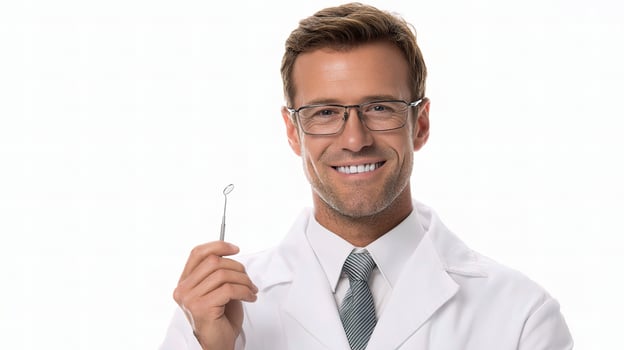A man in a lab coat holding a toothbrush photo