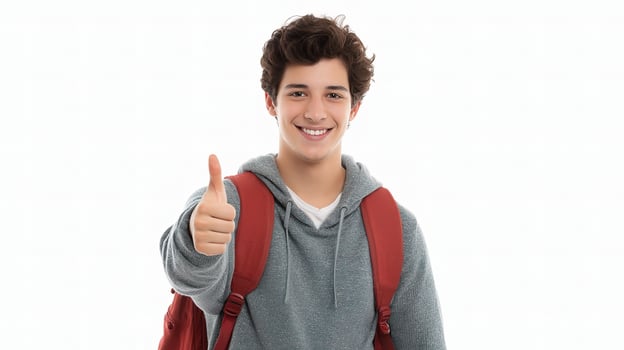 A young man with a backpack and thumbs up photo