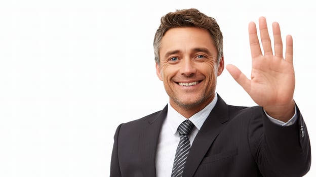A man in a suit and tie waving his hand photo
