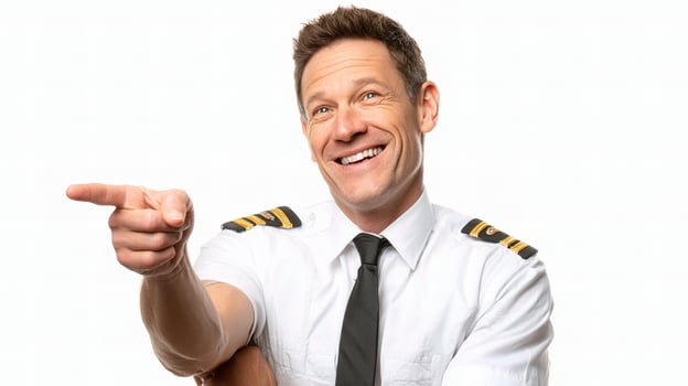 A man in a pilot uniform pointing at something photo