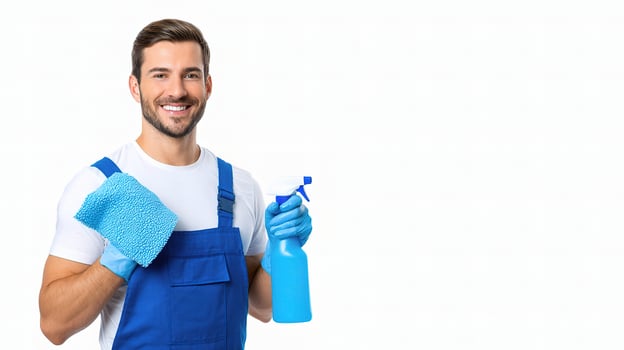 A man in overalls holding a blue spray bottle and a blue mop photo