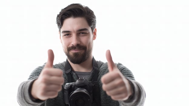 A man with a camera giving thumbs up photo