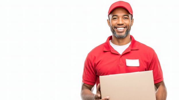 A smiling black man holding a box photo