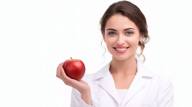 A woman in a lab coat holding an apple photo