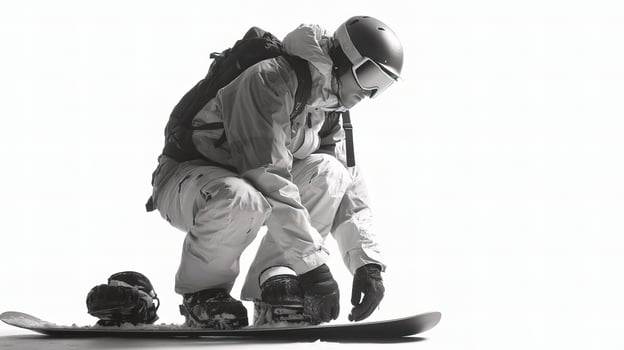 A snowboarder kneeling on the ground with his snowboard photo