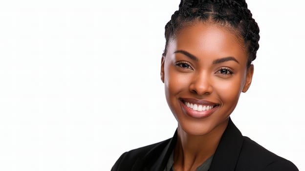 A beautiful black woman smiling and wearing a black suit photo