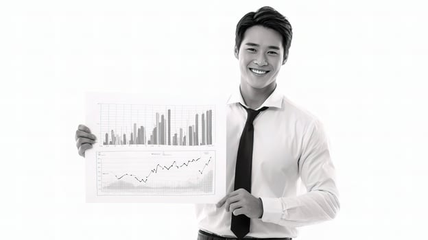 A man in a tie holding a chart with graphs on it photo