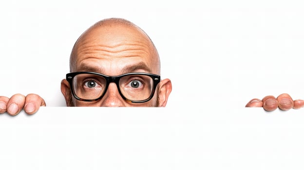 A bald man with glasses peeking over a blank board photo