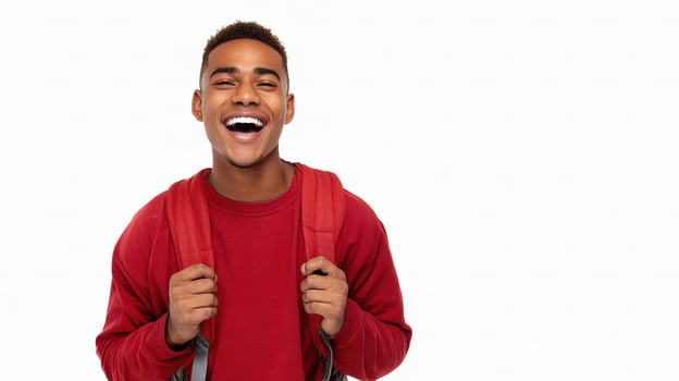 A young man is smiling and holding a backpack photo