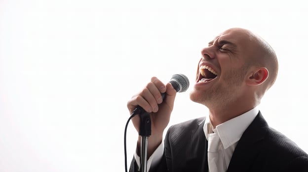 A bald man in a suit singing into a microphone photo