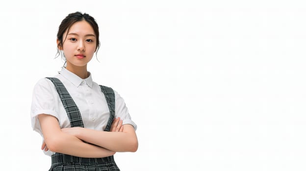 A young woman in a white shirt and black skirt photo
