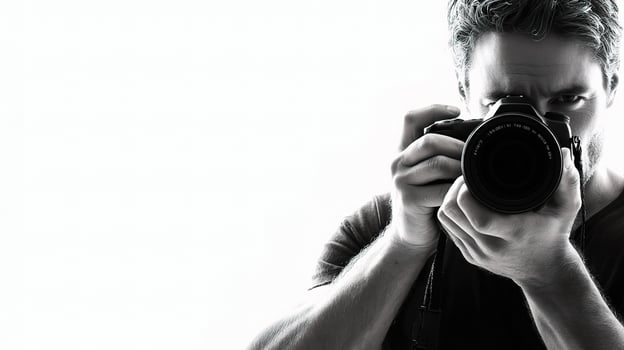 A man holding a camera in front of a white background photo