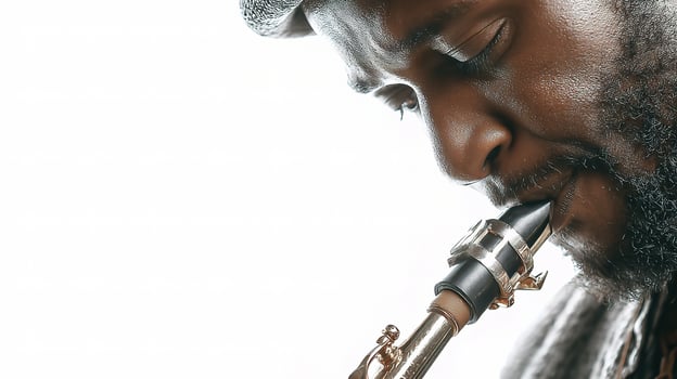 A man with a beard and hat playing a saxophone photo