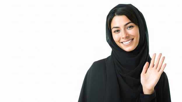A woman in black hijab waving her hand photo