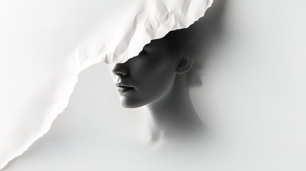 A woman's face is hidden behind a white sheet photo