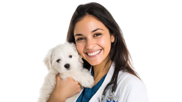 A woman in a white coat holding a small white dog photo