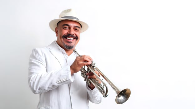 A man in a white suit and hat holding a trumpet photo