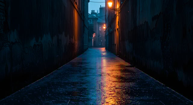 A dark alleyway with a light shining on it photo