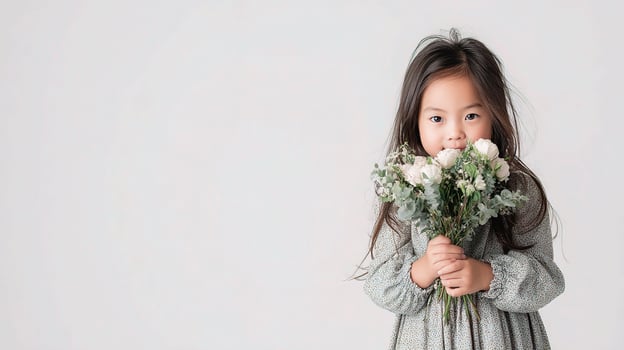 A little girl holding a bunch of flowers photo
