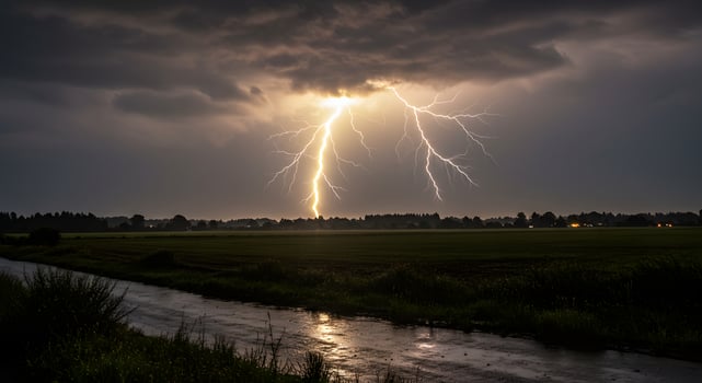 Lightning strikes over a field and river photo