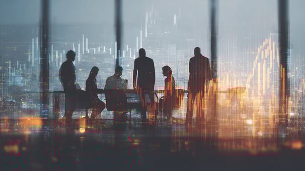 Business people in front of a city skyline photo
