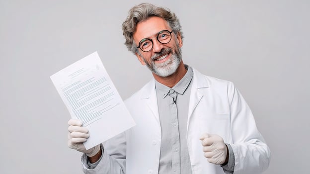 A man in a lab coat holding a piece of paper photo