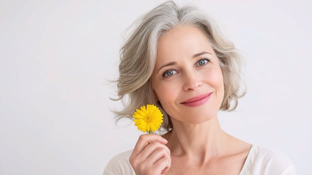 A woman with gray hair holding a yellow flower photo