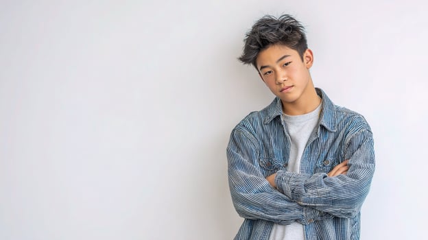 Asian young man in denim jacket standing against white wall photo